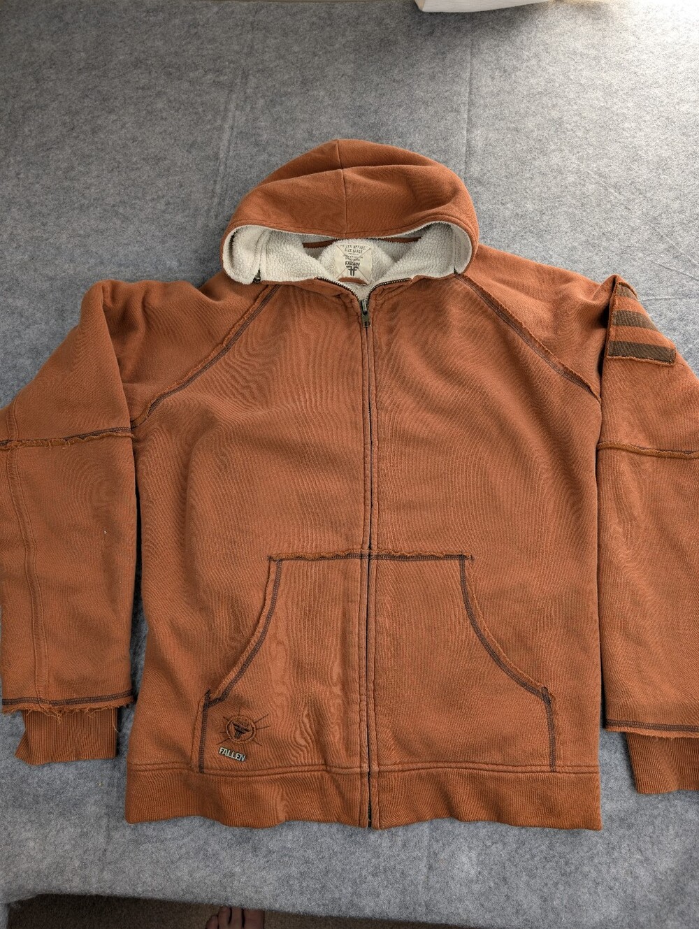 Vintage Fallen Hoodie Men's LargeRust Orange Zip-Up Sherpa Lined Streetwear